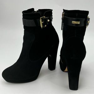 Diesel Black Suede Chunky Heel Ankle Boots Gold Buckle Zipper Booties Size 39